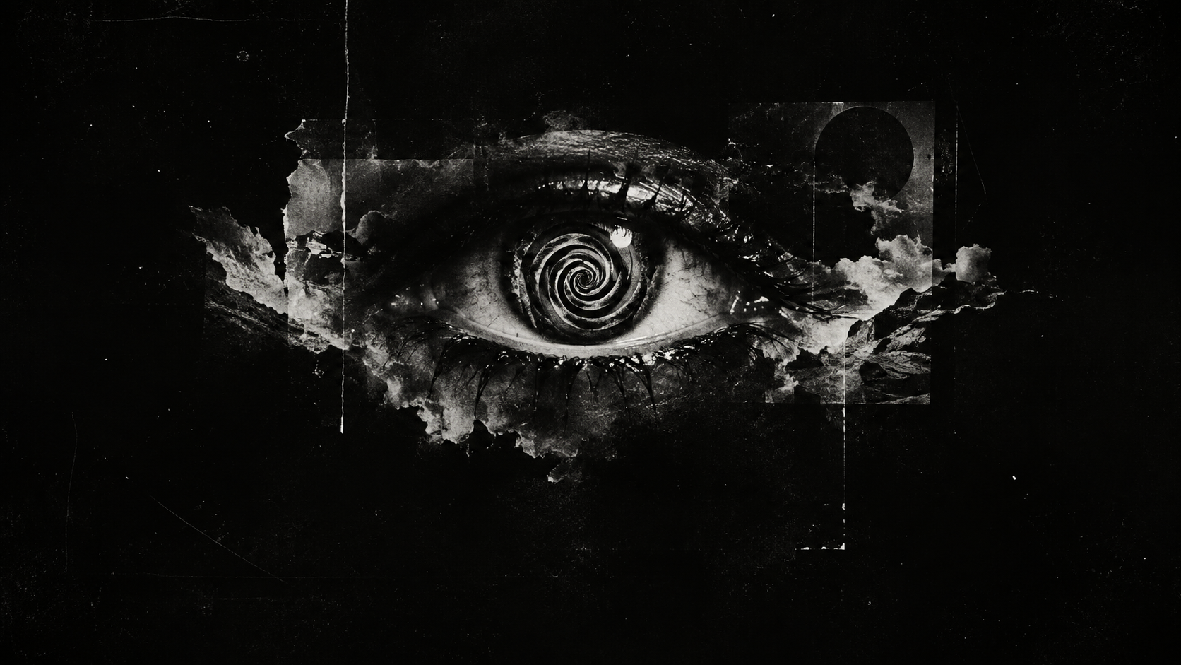 Surreal monochrome eye with a spiral reflected in its iris